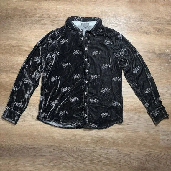CP Shades gray velvet shirt floral embroidery S small long sleeve button up